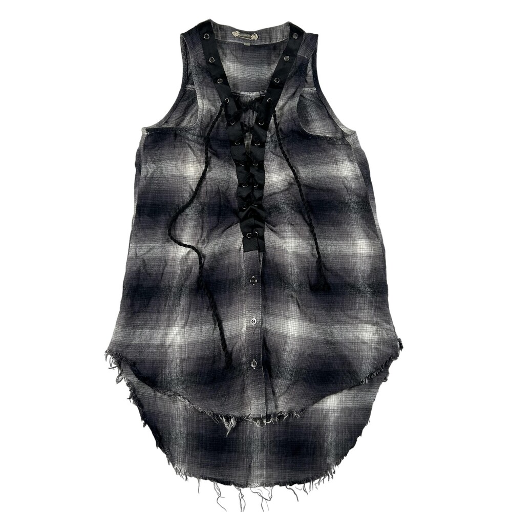 Gimmicks Blouse Womens XS Gray Plaid Lace Up Sleeveless Tunic Top Fringe Boho